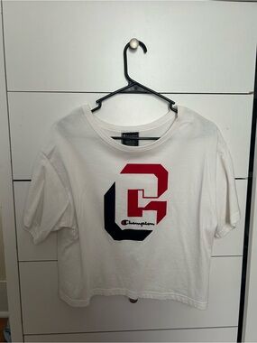 Champion White Cropped Tee with Red & Navy Graphic